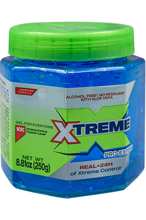 A container of XTREME Wet Line Styling Gel with Extra Hold, color blue, with branding and product information on the label.